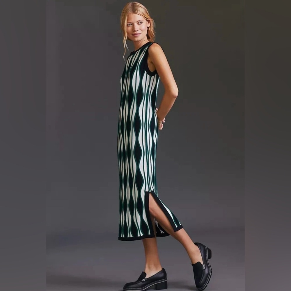 Eva Franco Anthropologie NWT Mod Geometric Knit Midi Dress Green Sleeveless L